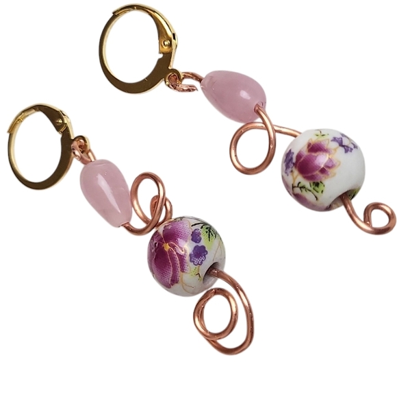 Floral Ceramic Pink Czech Glass Cooper Spiral Huggie Hoop Earrings - Picture 2 of 4